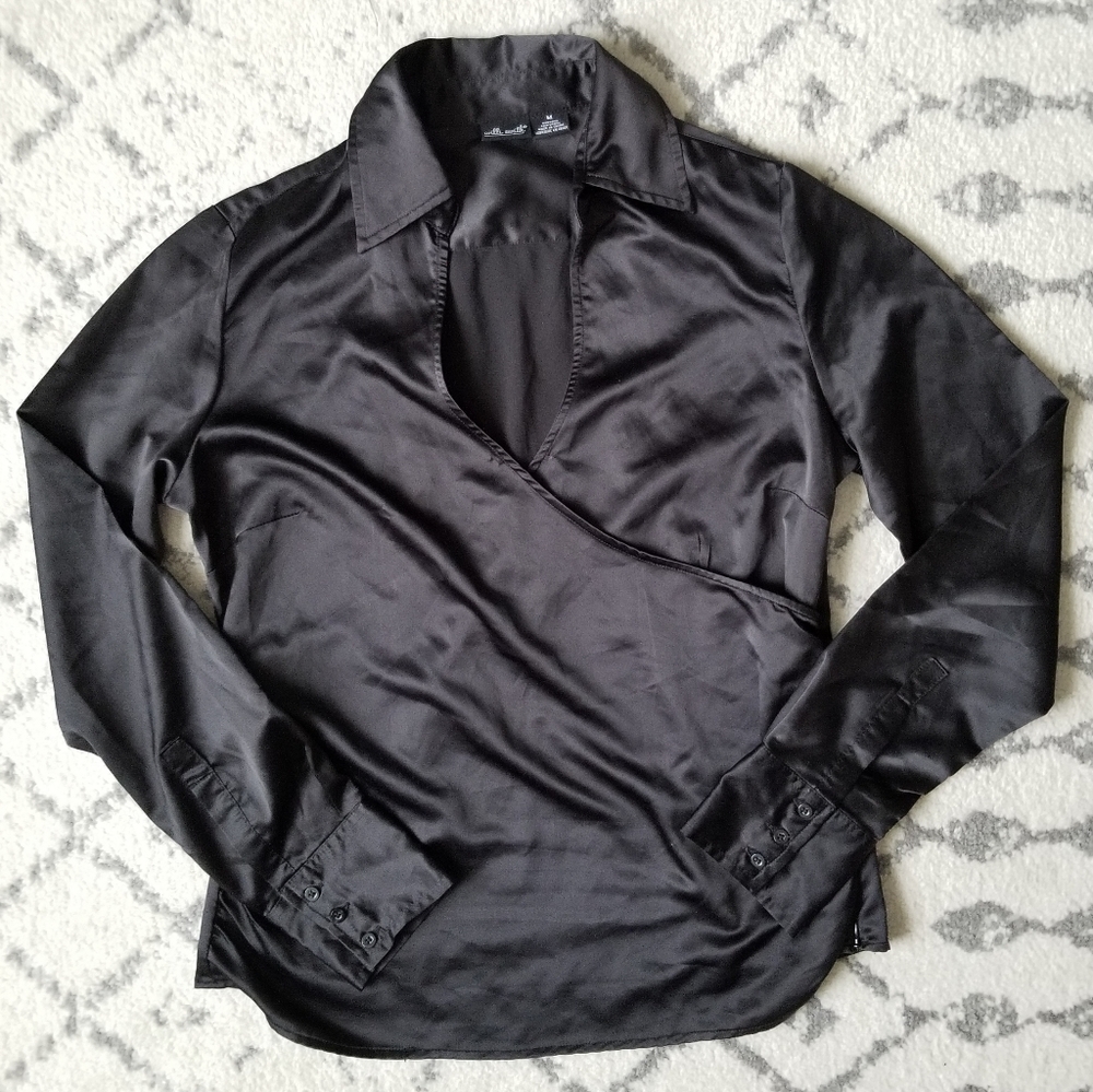 Willi Smith Satin Ruched Black Wrap Long Sleeve Blouse Sz M